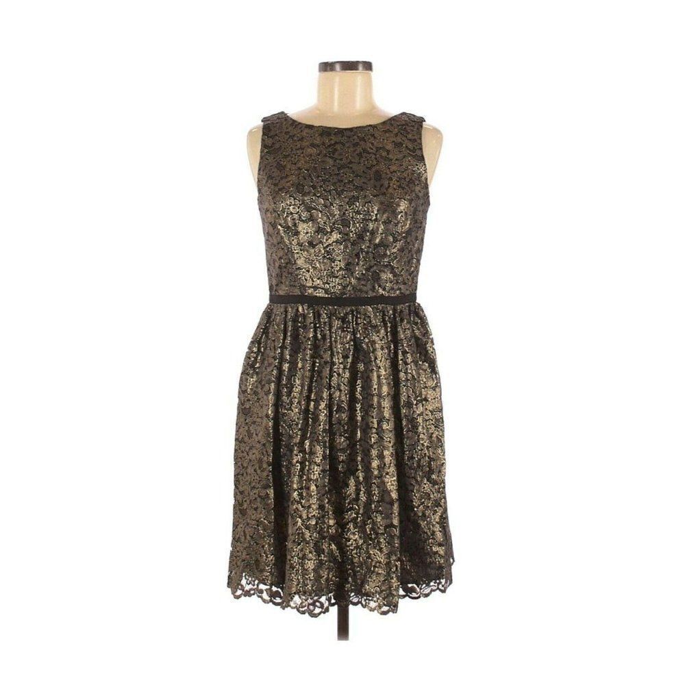 Shoshanna Lace Floral Dress 8 Gold Black Metallic Sleeveless Scoop Neck